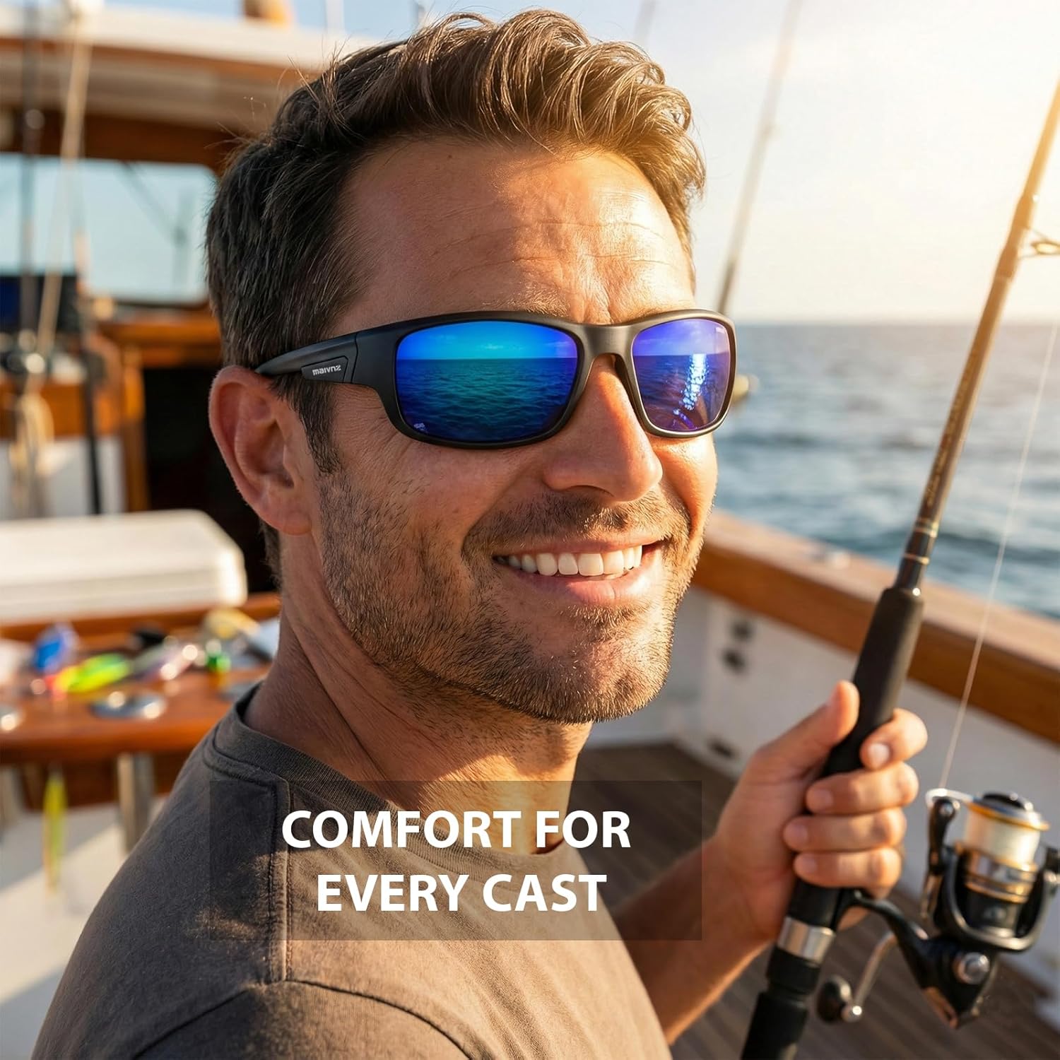 Gray polarized wraparound sunglasses with TR90 frame material, designed for fishing and water sports — view 4