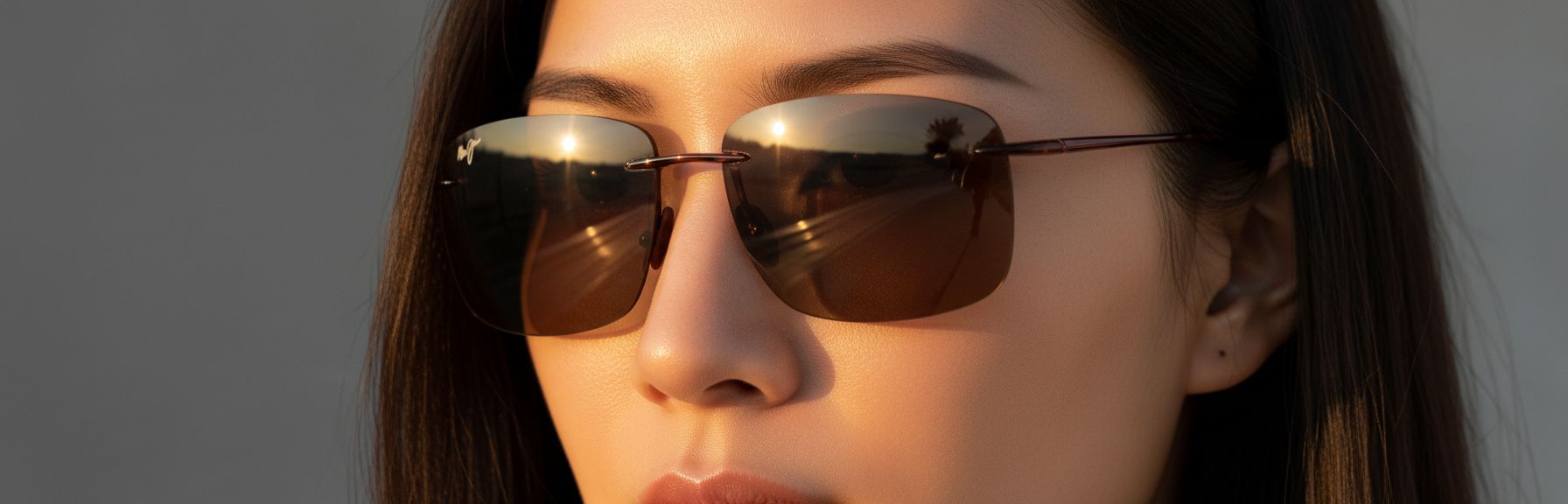 Polarized rimless sunglasses with gray lenses and titanium frame, front view — view 4