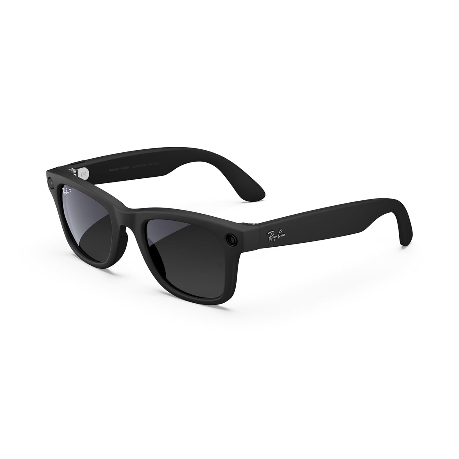 Matte black Wayfarer-shaped smart glasses with polarized gradient gray lenses, front view — view 1