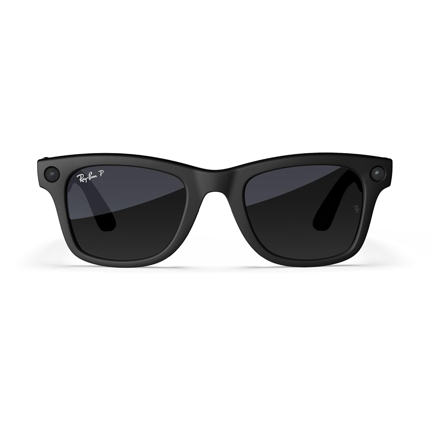 Matte black Wayfarer-shaped smart glasses with polarized gradient gray lenses, front view — view 2
