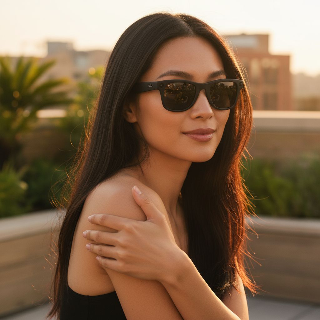 Matte black Wayfarer-shaped smart glasses with polarized gradient gray lenses, front view — view 6