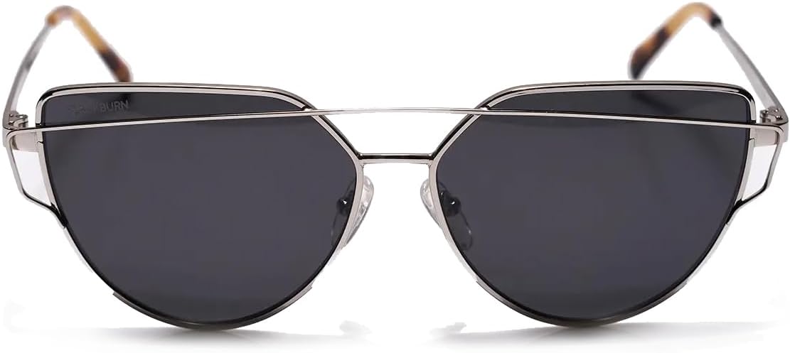 Oversized cat-eye sunglasses with gray lenses and acetate frame, front view — front