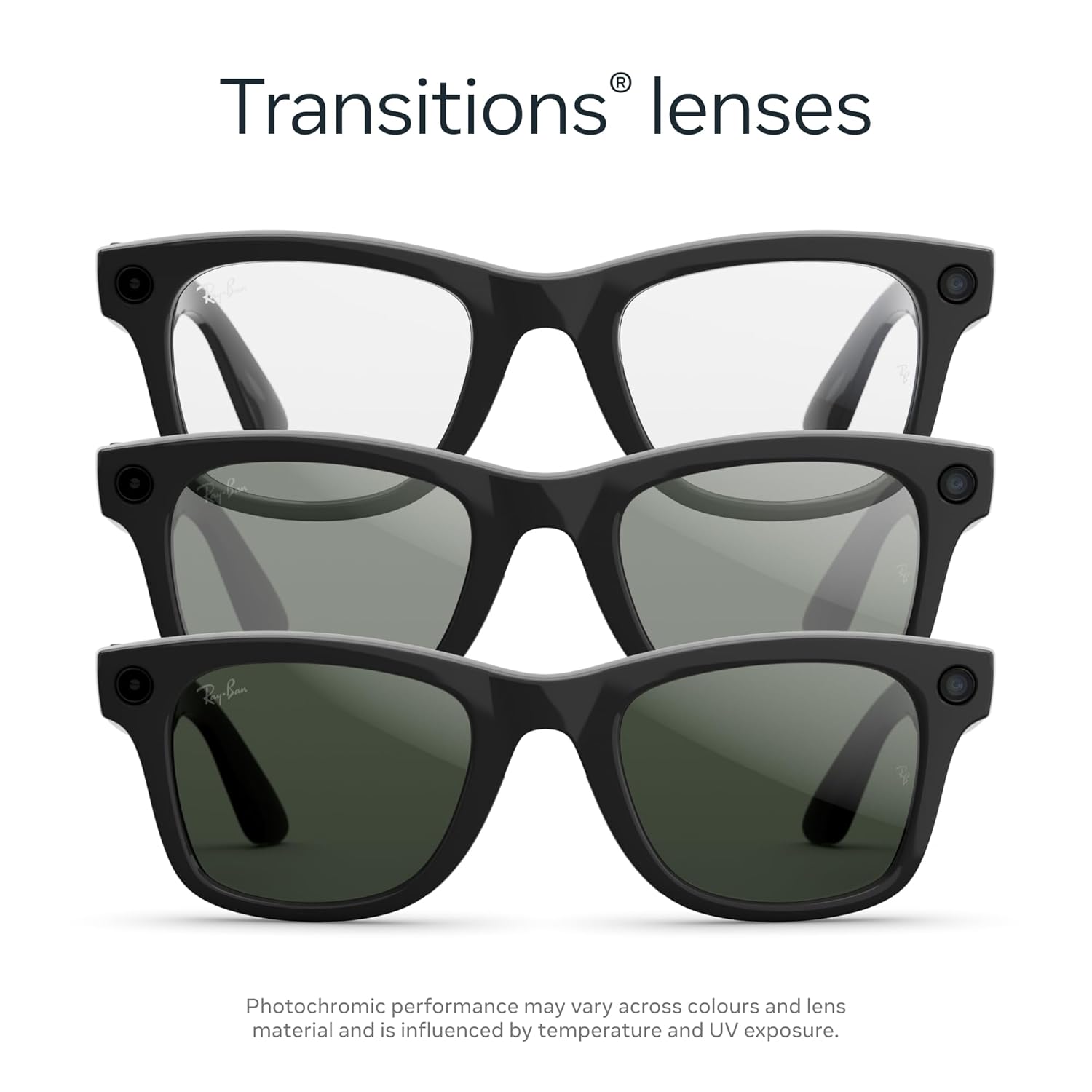Shiny black Wayfarer-frame sunglasses with photochromic gradient gray lenses and anti-glare coating — view 2