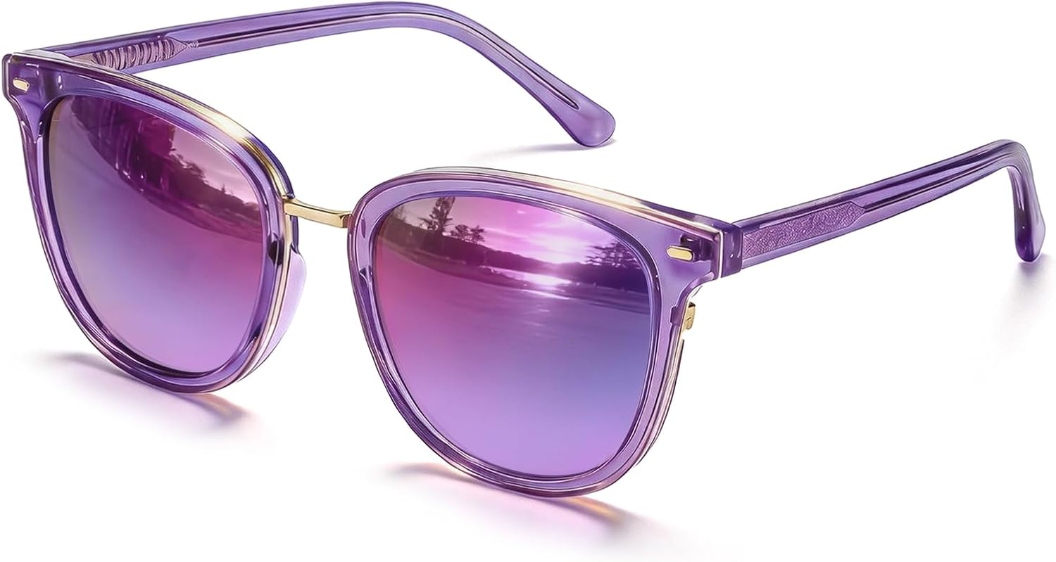 Trendy polarized square mirrored sunglasses with silver mirror lenses and acetate frame with metal accents for women — front