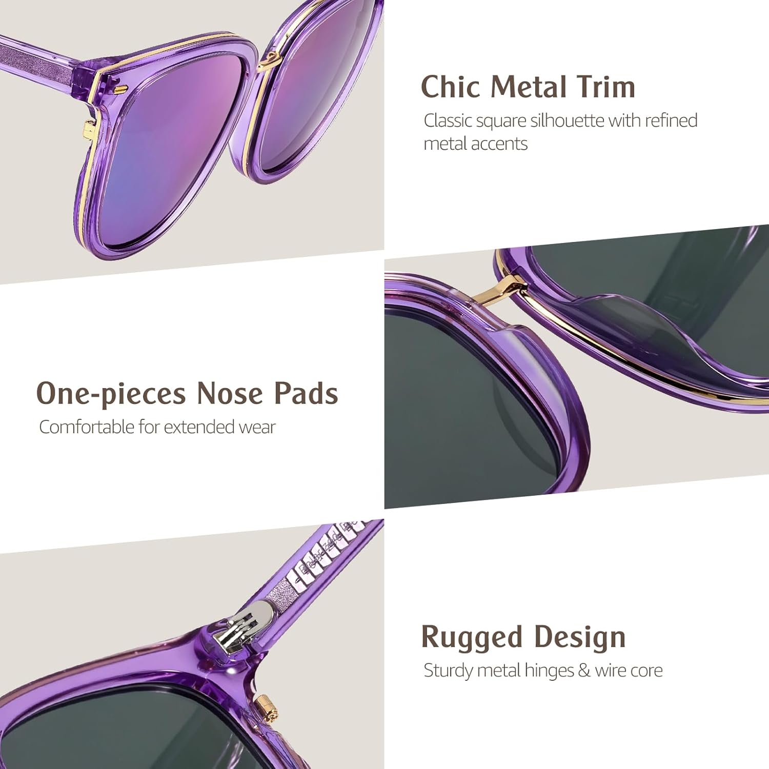 Trendy polarized square mirrored sunglasses with silver mirror lenses and acetate frame with metal accents for women — view 3