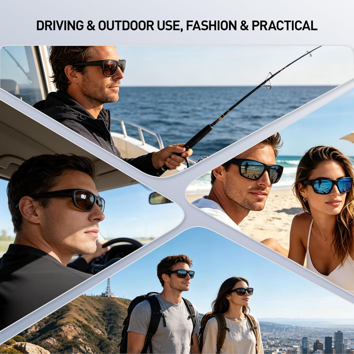 Polarized gray rectangle metal frame sunglasses for driving and fishing with UV400 protection — view 2
