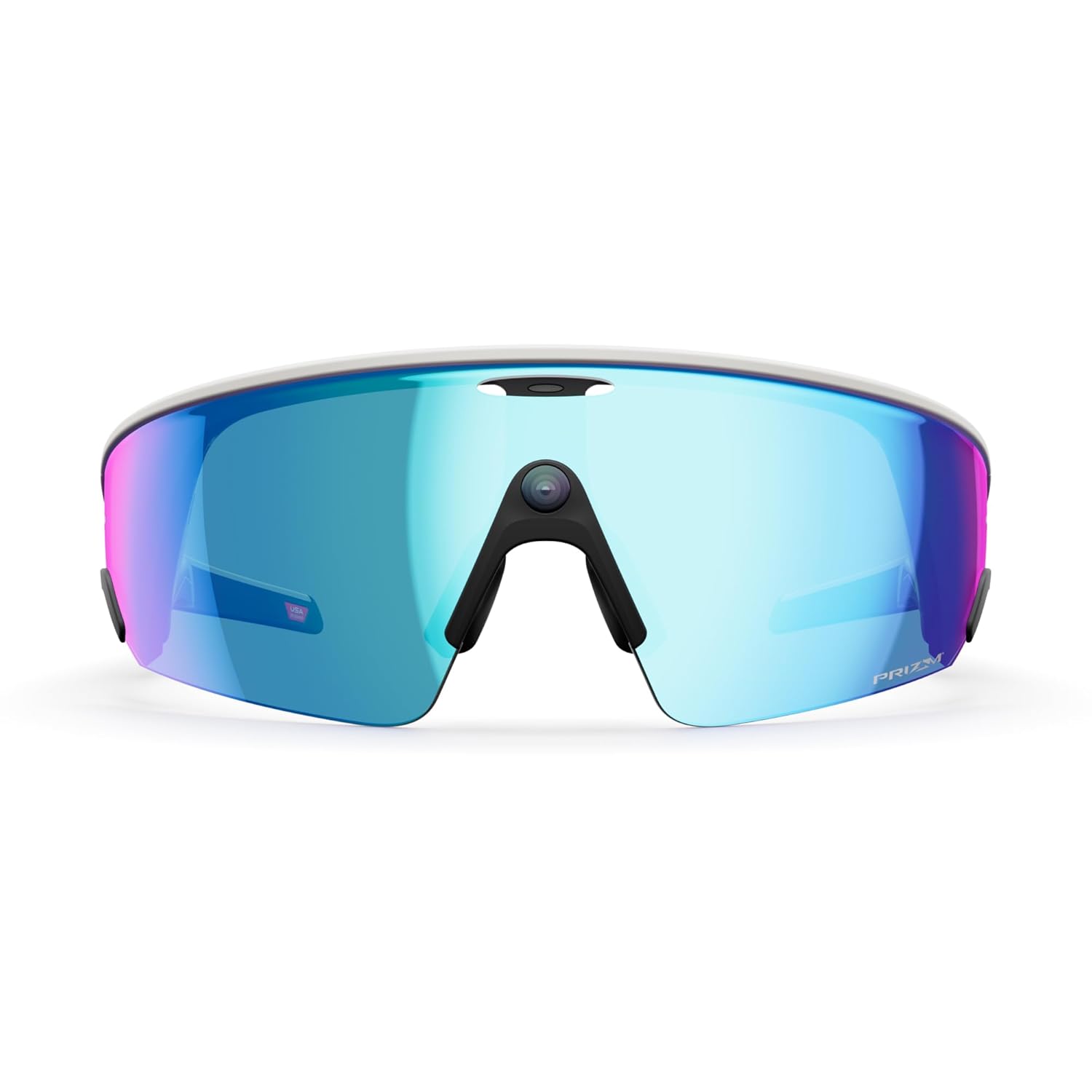 White mirrored rectangle sport sunglasses with blue-tinted polycarbonate lenses, designed for cycling and active outdoor activities — back