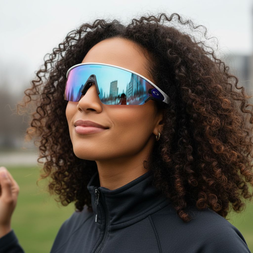 White mirrored rectangle sport sunglasses with blue-tinted polycarbonate lenses, designed for cycling and active outdoor activities — view 6