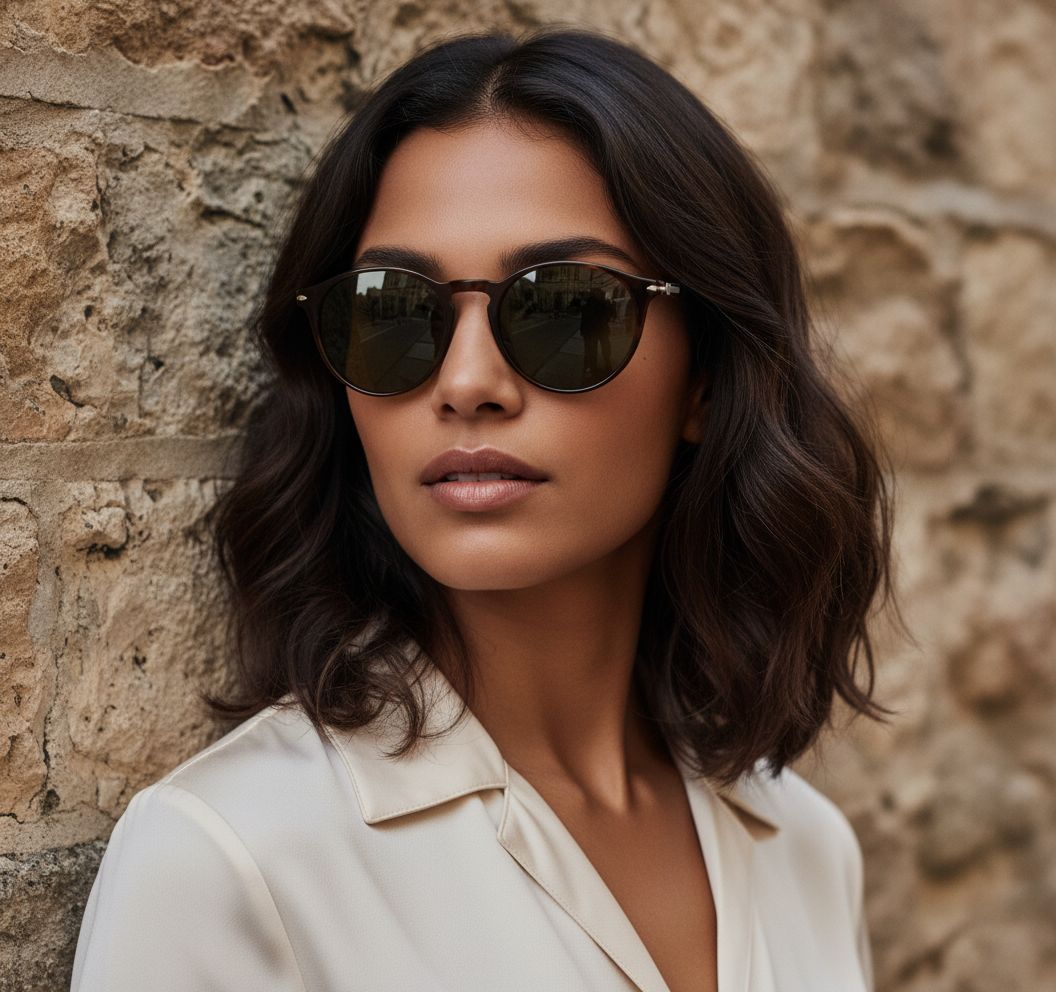 Classic round sunglasses with gray anti-glare lenses and acetate frame — view 6
